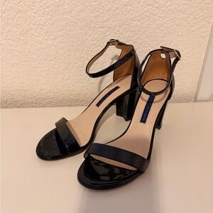 Stuart Weitzman Black Patent Ankle-Strap Block Heels